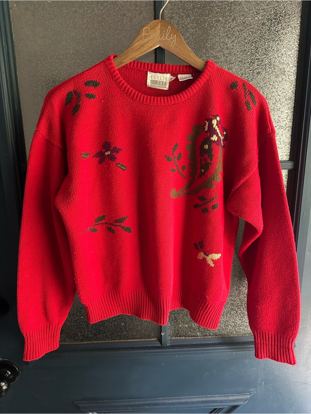 Vintage Leslie Fay Red Sweater with Floral Accents